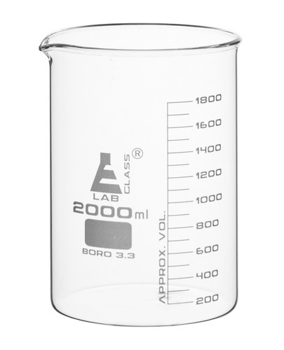 Eisco Labs 2000ml Beaker, Low Form, Borosilicate Glass, - 200ml Graduations - Afbeelding 1 van 4