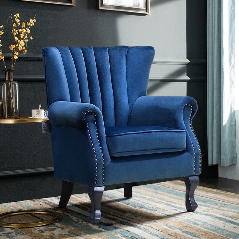 Navy Blue Velvet Queen Anne Chairs Scalloped Wing Back Fireside Accent Armchair