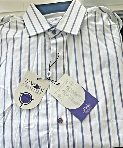 Tayion Collection Men's Slim-Fit Stripe Navy White Dress Shirt M 15-15.5/32-33 - Picture 2 of 5