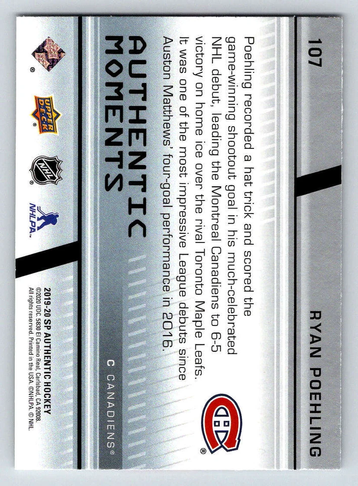 2019-20 SP Authentic #107 Ryan Poehling AM (ref 175586) - Image 2 of 2