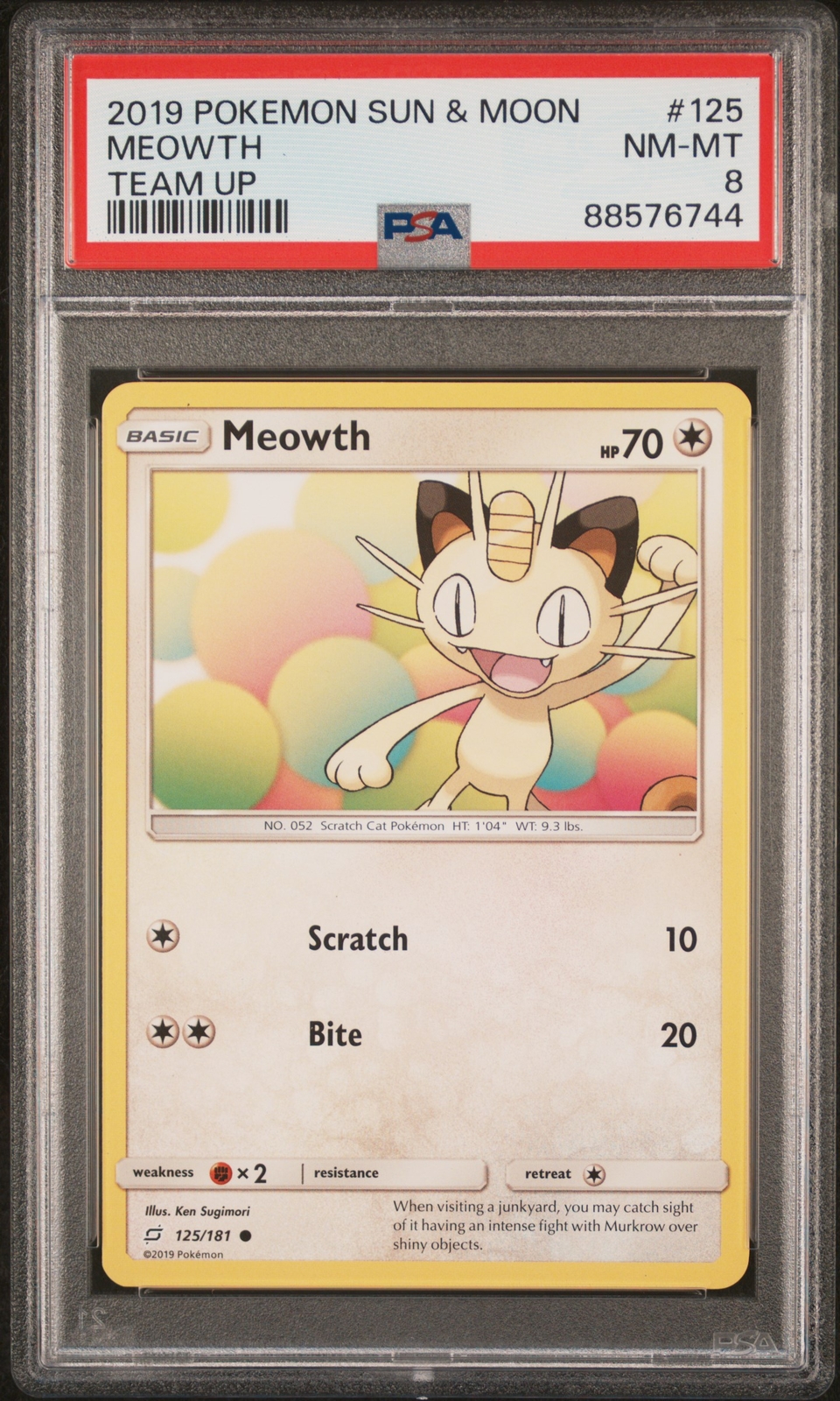 2019 POKEMON SUN & MOON TEAM UP 125 MEOWTH - PSA 8