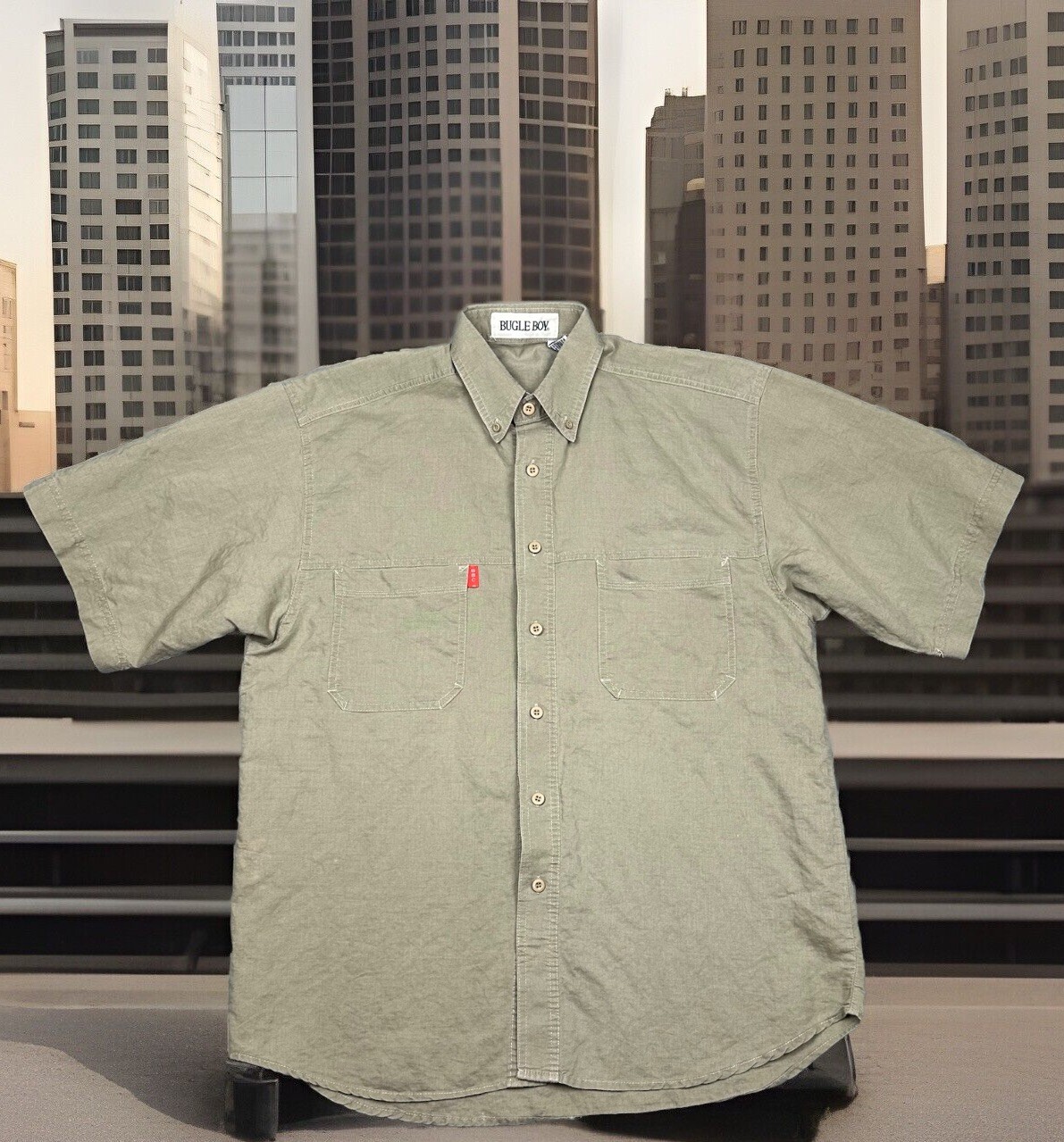 Vintage Bugle Boy Shirt Mens Large Khaki Ramie Cotton Double Pockets Button