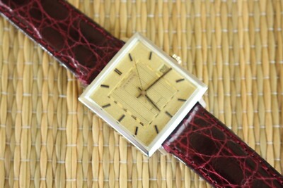 #1 VINTAGE JUVENIA GOLD GUILLOCHE DATE DIAL BURGUNDY CROCO BAND AUTO WATCH + BOX