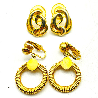 Gold Tone Earrings Lot of 2 Swirl Pierced Ribbed Hoop Clip On Workwear Classic