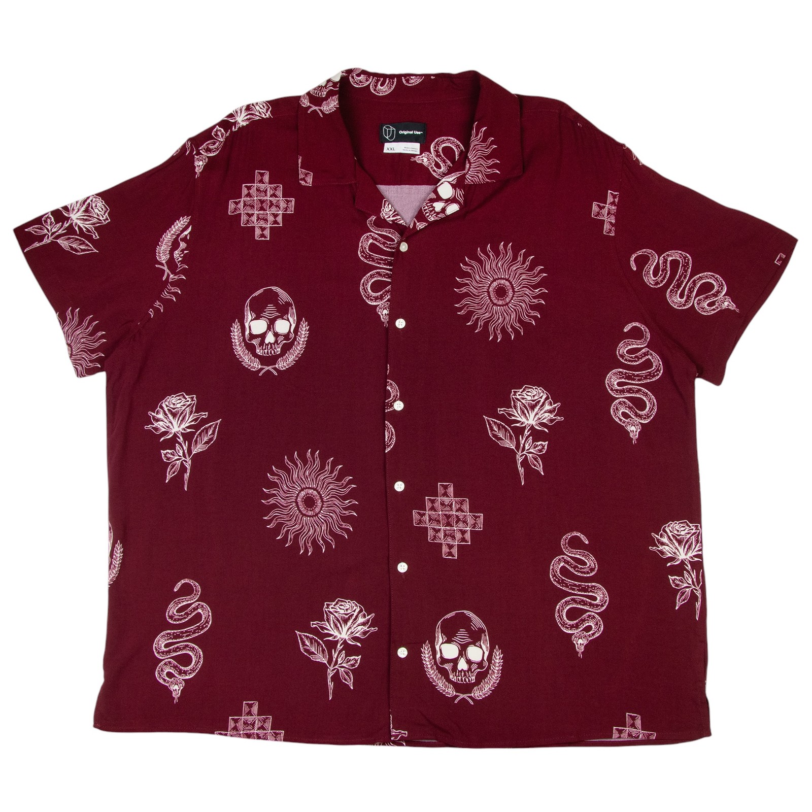 Оригинальная мужская рубашка свободного кроя с коротким рукавом на пуговицах бордового цвета 2XL 3090₽