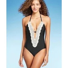 Kona Sol Women's S Crochet Trim Plunge One Piece Swimsuit Lace Crochet Boho