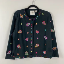 Vintage Michael Simon Lite Paisley Embroidered Button Up Top Size Large Black