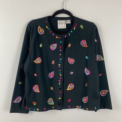 Vintage Michael Simon Lite Paisley Embroidered Button Up Top Size Large Black