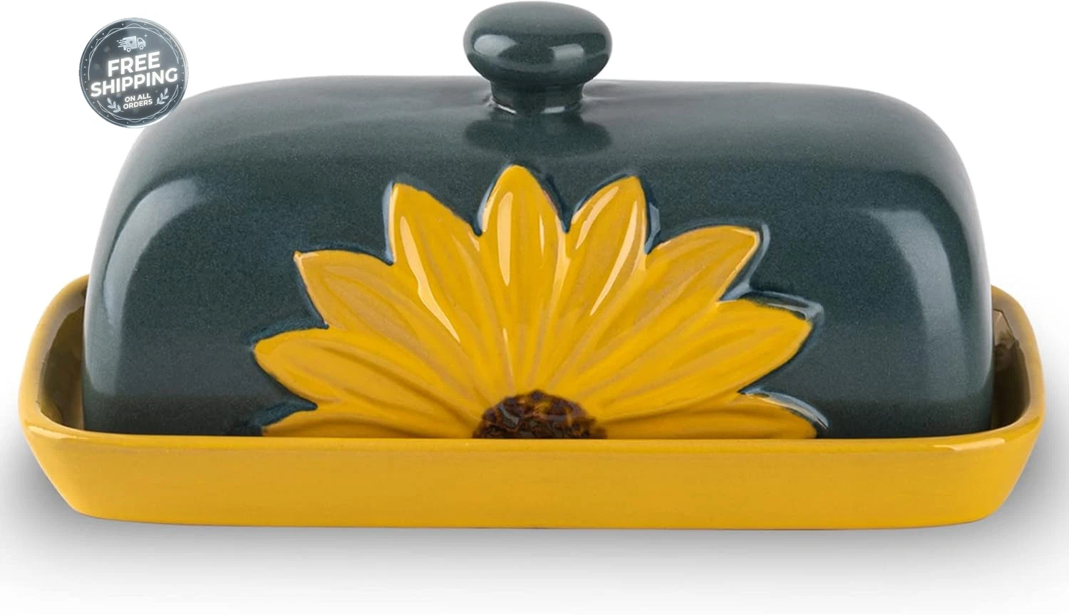 Farmhouse Ceramic Butter Keeper with Lid - Large Sunflower Butter Container