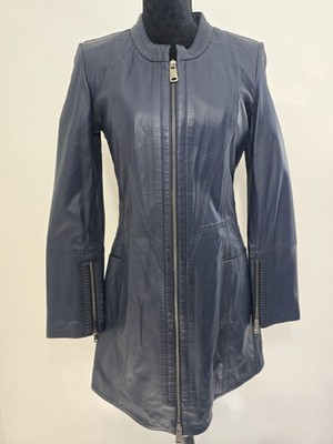 Genuine Leather Trench Coat Women s Blue Long Zip NWT EU 36 US Small 