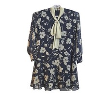 Alexa Amor Floral Tie Neck Dress Women's Medium Navy Long Sleeve Ruffle