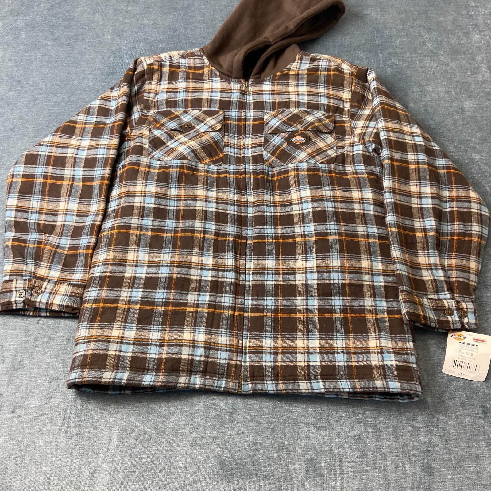 Dickies Flannel Jacket Boys XL (20) Brown Plaid Hooded Cotto