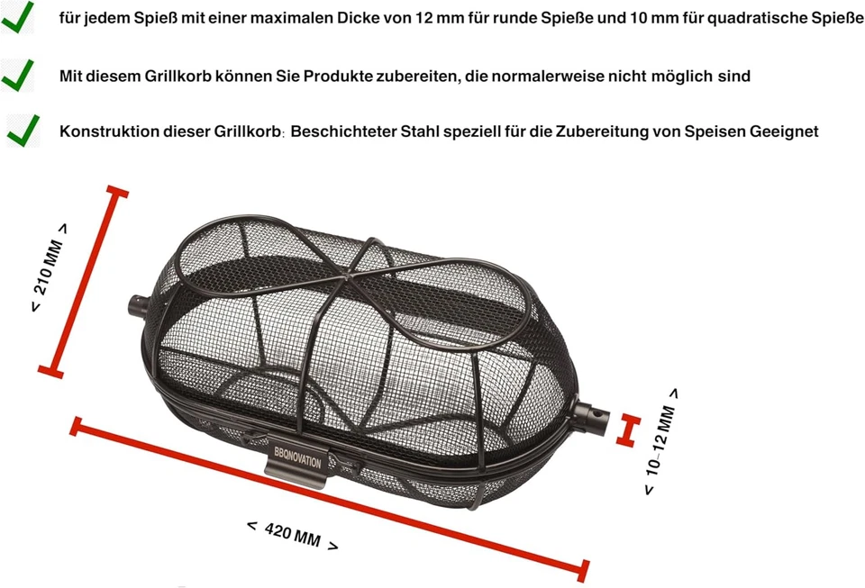 Panier à rôtisserie Broche 10/12mm Barbecue Viande Légumes Poisson Crustacés NOI - Photo 3/4