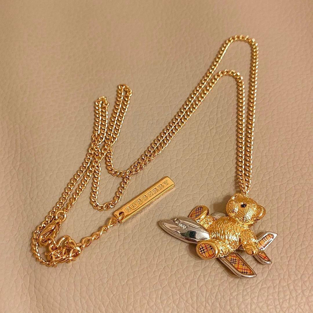 Burberrys JAL 50th Anniversary Teddy Bear Plane Necklace Gold Nova Check 54cm thumbnail 2