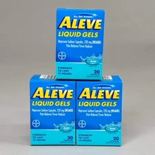 ALEVE (3 PACK,20 PILLS EACH) Liquid Gels Naproxen Sodium Pain Reliever BB 01/26