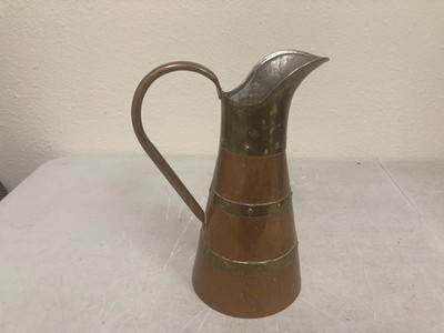 Vintage Copper & Brass Banded 9'' Tall Pitcher UNMARKED