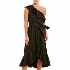 Adrianna Papell Black One Shoulder Tie WaistRuffle High Low Midi Dress Size 14
