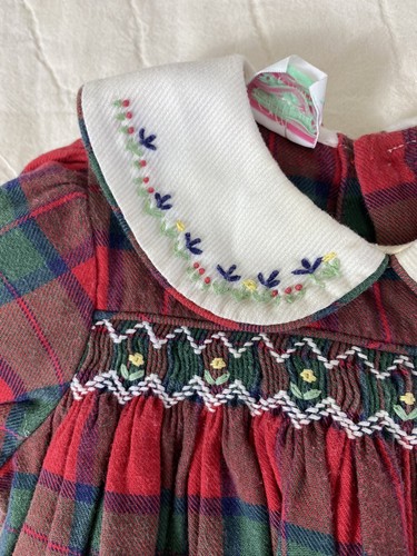 Vintage Christmas Romper One PIece Baby Girl 0-3M Embroidered Red Green Plaid - Picture 3 of 12