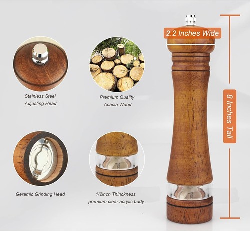 Elegant 8" Refillable Oak Wood Salt and Pepper Grinder Set with Adjustable Co... - Picture 6 of 8