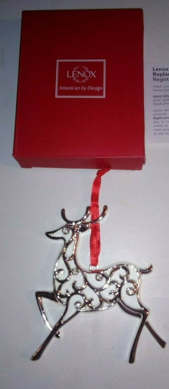 Lenox Silver Plated Sparkle & Scroll Clear Crystal Reindeer Ornament SKU 851809