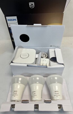 Philips Hue White Ambiance Smart Bulbs A19 (60W x3) Smart Button, Hue Bridge Kit