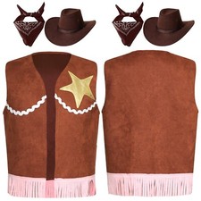 Kids Cowgirl Outfit Fringe Vest Unisex Cowboy Medieval With Hat Bandanna 3Pcs