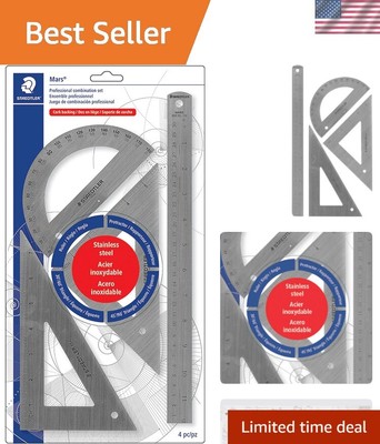 Stainless Steel Math Set with Ruler, 2 Triangles, Protractor, 4 piece,