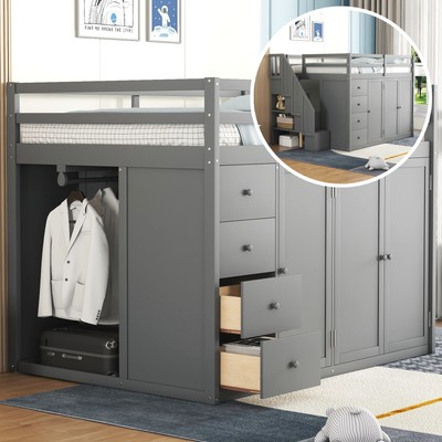 Full Size Wood Loft Bed With Built-in Wardrobes, Cabinets and Drawers, Gray 4AAE