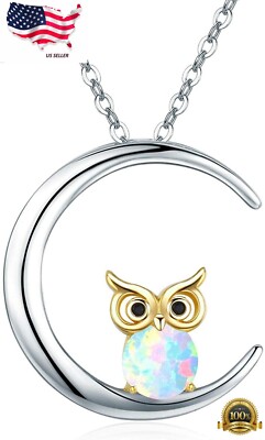 Opal Owl Necklace Sterling Silver Plated Crescent Moon Pendant Jewelry Women