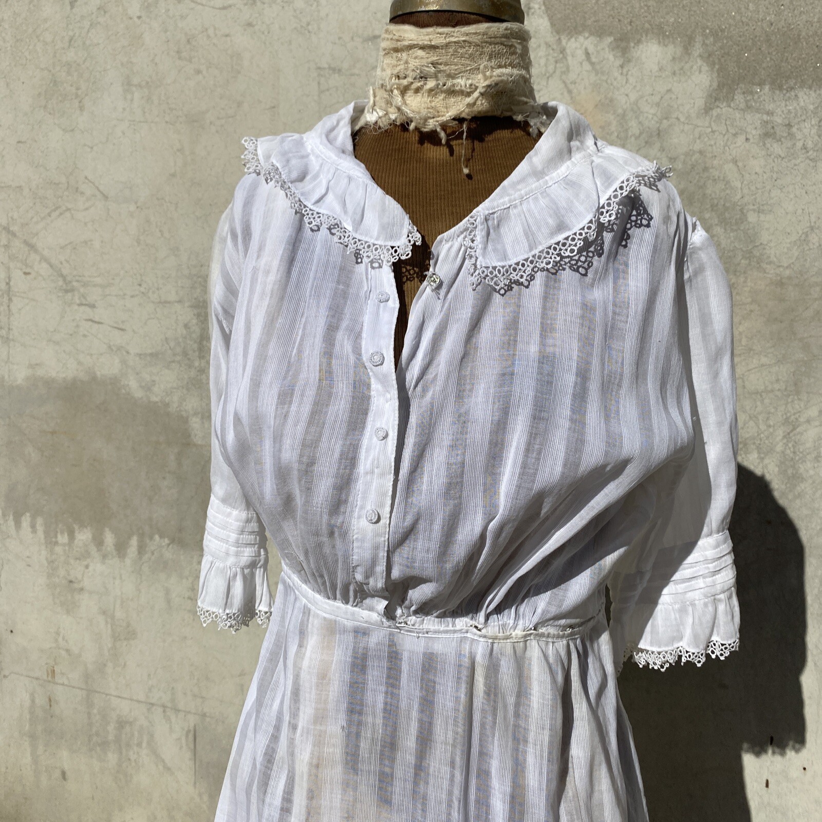Antique Edwardian White Cotton Tea Dress Maxi Lace Tr… Gem