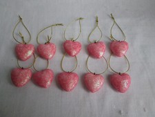 Pkg of 10-Miniature 1" Pink Glitter Heart Valentines Day Ornaments NEW