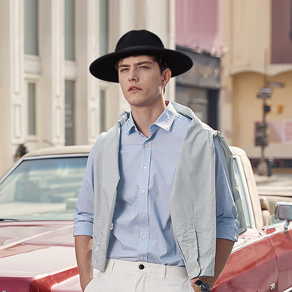 Clásico Sombrero Fedora Ala Ancha Fieltro Lana Panamá Pastel de Cerdo Jazz Sombrero para Hombres Mujeres - Imagen 3 de 4