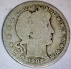 1908 Barber Quarter SILVER Coin FULL BOLD DATE  LOW SHIP  NR AUCTION