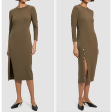 THEORY Button-Hem Ranmire Knit Midi Dress Faded Army Green Casual Wardrobe Sz L