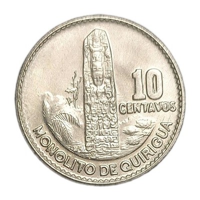 1970 Guatemala 10 Centavos UNC BU Coin KM 267 High Grade Mayan Pillar Monolith 