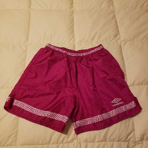 Umbro, Vintage 90s Umbro Shorts Unisex MEDIUM Nylon Pink USA Made Aztec Geometric Trim