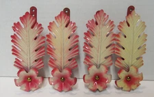 Vintage Painted Metal Curtain Tie Backs Lot 4 Flower Leaf Pink Cream 5.5"