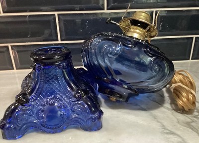 Blue Princess Feather Oil Lamp Converted To Electric W/Knob Control READ