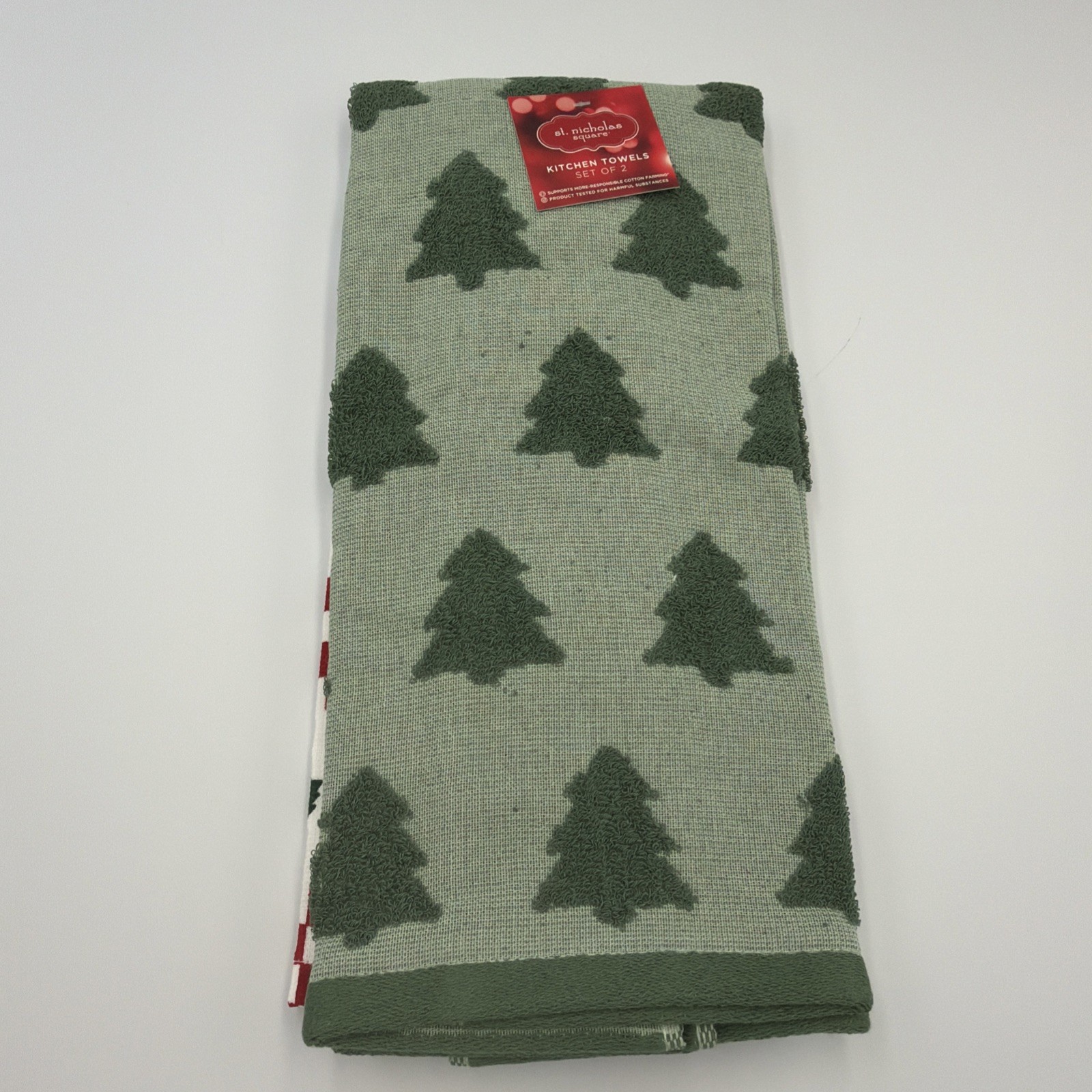 NWT St. Nicholas Red & Green Christmas Trees Kitchen Towels, 2 Pack