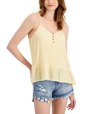 Hippie Rose Ruffled-Hem Tank Top Juniors' M Suntan V-Neck Sleeveless Pullover