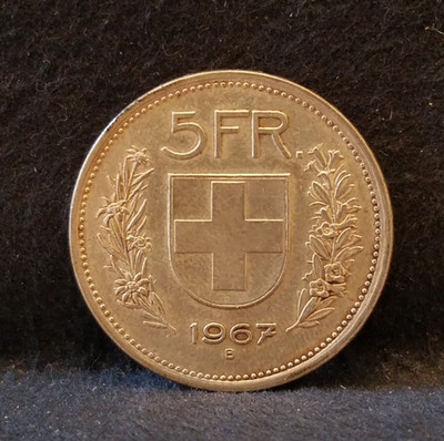 1967 Switzerland silver 5 francs, herdsman (Wilhelm Tell), high grade, KM-40