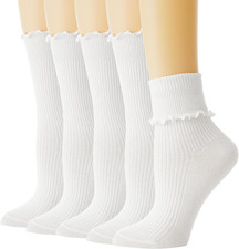 Ruffle Socks Woman, White Crew Cute Frilly Ankle Lettuce Dress Socks for Women G