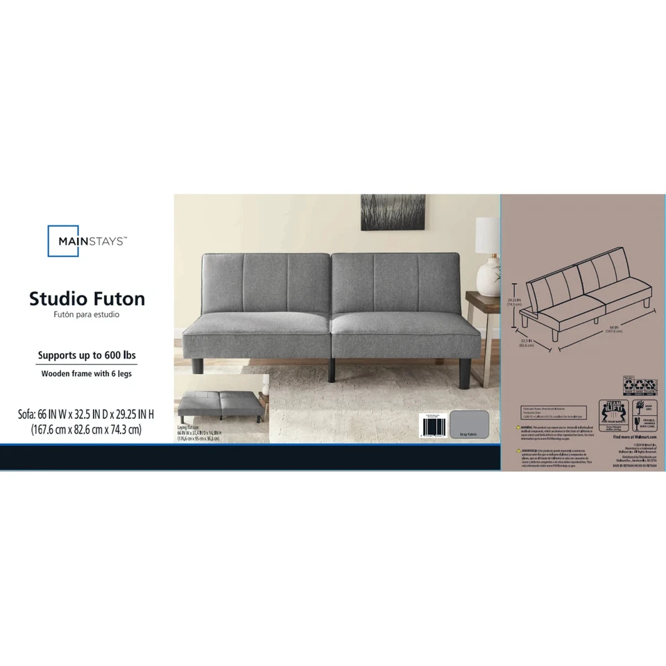 Futón de estudio Mainstays 66", tapizado de lino gris Foto 2 de 4