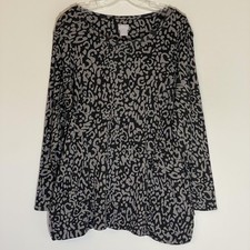 Chicos Shirt Womens XL Black Gray Animal Print Tunic Long Sleeve Pima Cotton