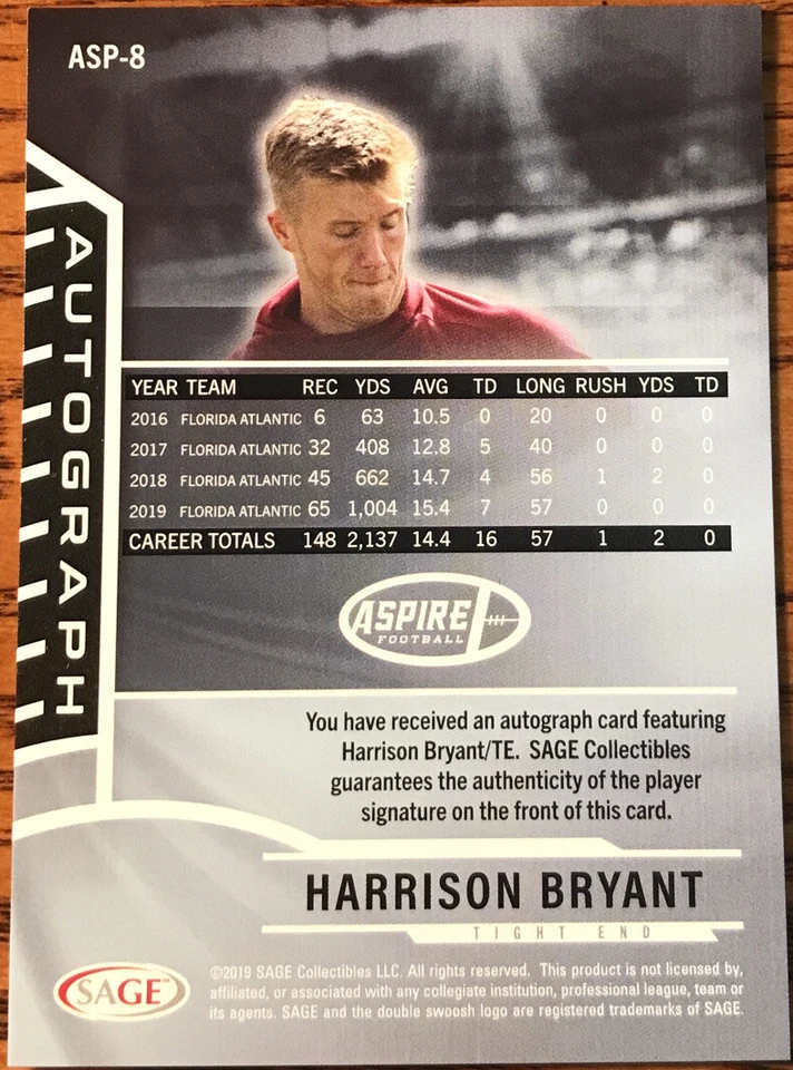 2020 SAGE Aspire Rookie Autograph Harrison Bryant #ASP-8 Florida Atlantic Owls - Image 2 of 2