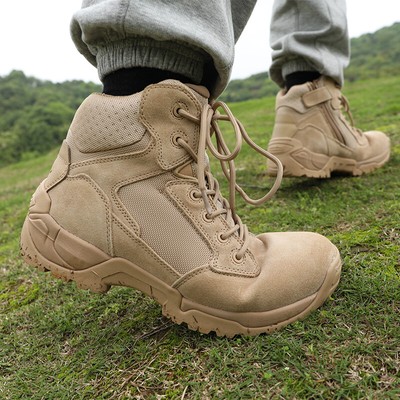 Men Military Boots Tactical Boots Motorcycle Combat Ankle High Boots Sand  Color