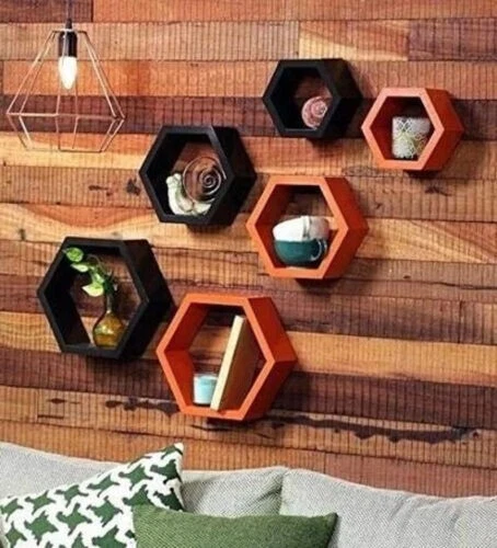Hexagonal Design Set of6 Best Wooden Decoration Rack Intersecting Wall Shelves
