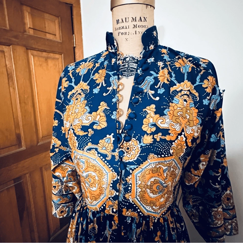 Maxi Vestido Oscar de la Renta Vintage Años 70 Azul Marino y Dorado Talla 8 LEER DESCRIPCIÓN Foto 3 de 4