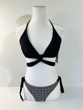 Shekini 2 Piece Bikini Set Wrap Top w/ Black/White Hipster Bottoms Size XS NWT