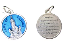 Our Lady of Fatima + Fatima Prayer - 3/4 inch Silver Tone Blue Enamel Medal